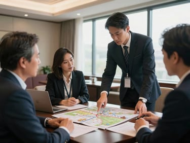 Ground-level shot of a tour guide pointing out a landmark detail on a printed route map to two international clients inside a well-lit hotel meeting room, bright natural daylight from large windows, itinerary documents visible on the table