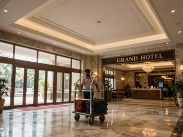 Grand hotel entrance lobby in India — a bellhop with luggage trolley, high ceilings, marble floors, daylight entering from glass doors, wide environmental framing showing property quality