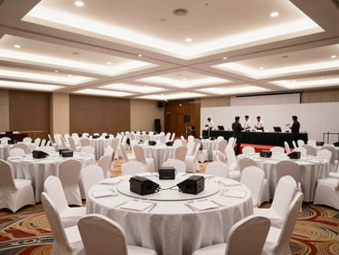 A corporate conference venue mid-setup in Bangalore — round banquet tables being arranged, AV equipment being installed, event staff coordinating in the background, bright overhead lighting, wide shot showing scale