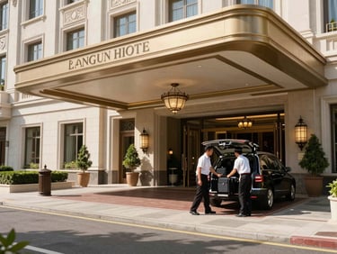 Wide shot of a premium hotel entrance portico, a bellhop receiving luggage from a vehicle, grand architectural facade in bright natural daylight, no guests visible in frame, emphasis on the property scale and operational readiness