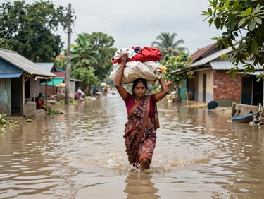 Street-level documentary photograph of flood-affected village lane in rural Bengal, knee-deep water, a woman carrying belongings on her head, natural overcast daylight, no staging