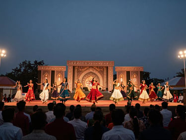 Wide shot of a Bengali cultural festival stage at dusk, performers in traditional attire mid-dance, crowd silhouettes in foreground, stage lights warm amber against a darkening sky