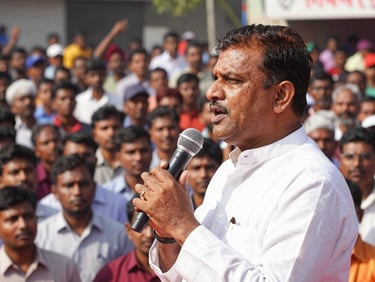 Environmental close-up of a Bengali politician addressing a large outdoor rally, microphone in hand, crowd dense behind him, harsh midday sun casting sharp shadows on the dais, documentary framing from ground level looking up