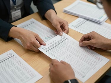 Overhead view of hands sorting printed ballot papers on a wooden table under fluorescent office light, documentary framing, no faces visible