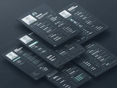 Sleek digital UI mockup of multiple resume templates overlapping, dark mode slate gray aesthetic, crisp geometric vector style, high-contrast typography, 16:9 ratio