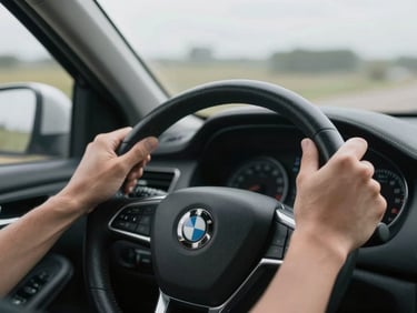 Close-up of hands gripping a steering wheel from the driver's seat perspective, dashboard instruments visible below, overcast daylight through windscreen