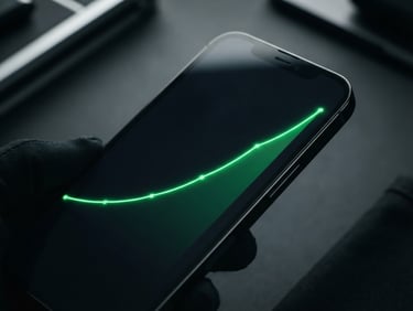dark editorial technology photography, sharp studio lighting, macro shot of a sleek smartphone displaying a rising green conversion graph, deep gray background