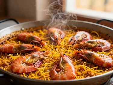 Close-up of a vibrant paella with red prawns and saffron threads, steaming in a traditional pan, warm golden lighting