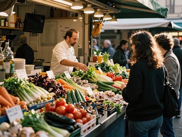 Wide shot of a bustling local market stall in Barcelona, fresh colorful vegetables and seafood, a chef guiding guests