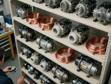 Wide overhead angle of organized workshop shelves stocked with refrigerator compressors, thermostats, and copper tubing coils arranged by size, warm tungsten overhead light, a technician's hand reaching for a part in the lower-left corner, tool bench visible in background