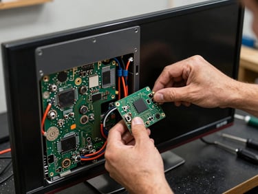 Close-up of a technician's hands removing the back panel of a flatscreen television, tungsten workshop light, circuit boards and cables visible inside the open screen unit, dark tool-covered workbench below