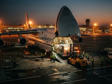 A massive cargo plane loading freight on a Sialkot runway at dusk, dramatic amber terminal lights reflecting on the metallic fuselage, sharp industrial photography, 35mm