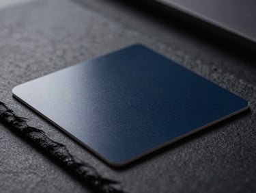 Macro close-up of a high-quality physical credential card resting on a dark slate desk, dramatic low-key studio lighting, sharp focus, deep navy shadows.