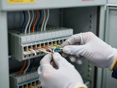 Close-up of a technician's gloved hands connecting labeled wiring terminals inside a steel electrical cabinet, each wire tagged with a printed identifier, cool workshop lighting from above, shallow depth of field on the connection point, no faces visible