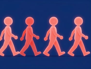 Luminous 2D character animation loop frame, a stylized figure walking with a smooth rhythmic stride, vibrant coral light on a deep blue canvas, sharp vector style