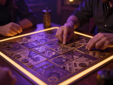 A close-up of a game master setting up modular dungeon tiles on a table, soft golden rim light, atmospheric tavern vibe