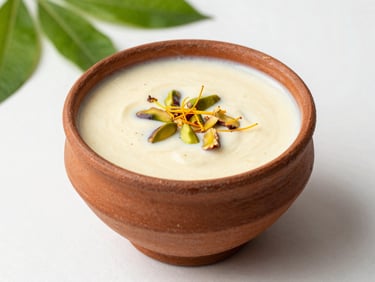 Creamy plant-based Thandai served in a traditional clay kulhad, garnished with saffron strands and chopped pistachios, bright daylight