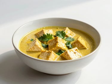 A shallow ceramic bowl of golden curry with tofu cubes, fresh herbs, soft side lighting, clean minimalist styling