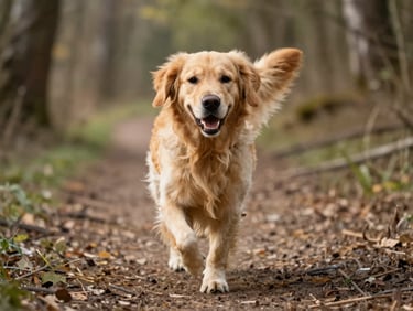 Candid eye-level photo of a happy golden retriever running on a forest path, soft natural daylight, shallow depth of field.
