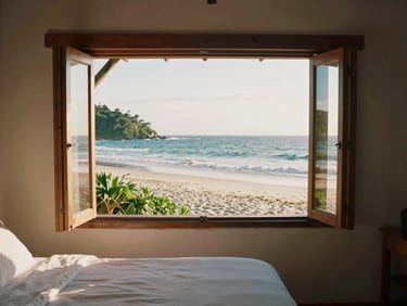 Cozy beachside pousada room with open wooden windows looking out to the sunlit beach of Muriqui, warm morning light, soft linen sheets, 35mm film.