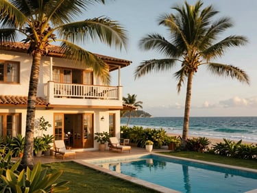 Charming boutique hotel exterior with a small pool, golden hour warm light, palm trees, inviting coastal Brazilian architecture.