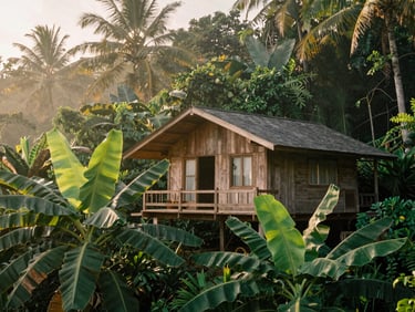 Rustic wooden chalet surrounded by lush tropical jungle foliage, soft misty morning light filtering through banana leaves, warm editorial travel photography.