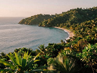 Wide environmental landscape looking down from a high jungle trail viewpoint over a tropical bay, golden hour coastal light, 35mm film aesthetic.
