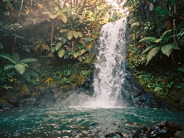 A misty jungle waterfall cascading into a clear natural pool, surrounded by lush tropical ferns and mossy rocks, soft dappled forest light, 35mm film.