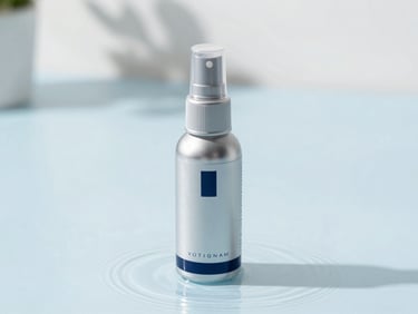 A sleek, modern vitamin spray bottle standing on a clean, light blue surface with soft water ripples and bright daylight.