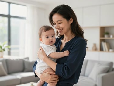 A happy mother holding her baby in a bright, sunlit modern living room, warm and premium atmosphere, soft focus.