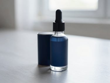 Close-up of a premium glass dropper bottle on a clean silver surface, soft natural light, minimalist background.