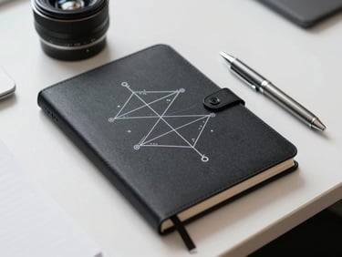 A physical black notebook with clean strategic diagrams next to a metallic pen on a white executive desk.
