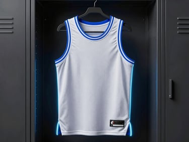 Basketball jersey mockup hanging on a dark metal locker, neon blue rim lighting, premium mesh fabric texture