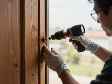 Technician applying termite treatment liquid into a drilled hole in a wooden door frame, bright daylight from open doorway, wood grain and drill marks visible
