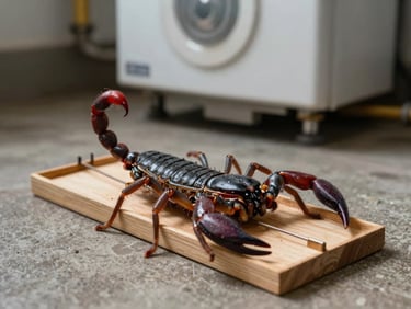 Close-up of a scorpion trap placed behind a water heater unit in a utility room, concrete floor, bright work light illuminating the treatment area