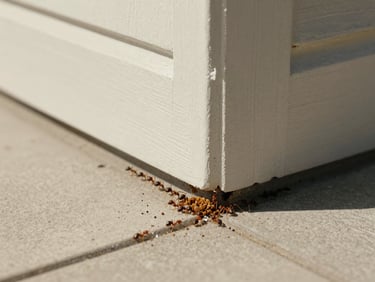 Granular ant bait applied around exterior foundation wall corner of a house, natural midday sunlight, ant trail visible near the bait line