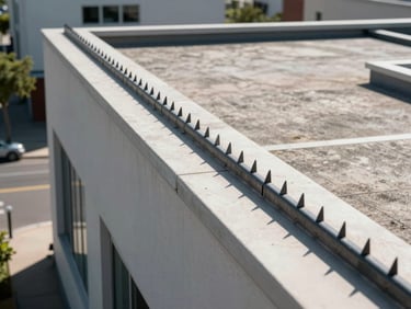 Anti-pigeon spike strips installed along a rooftop ledge of a commercial building, bright Salvador daylight, street visible below