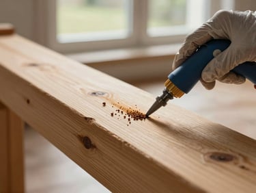 Close-up of wood surface with termite treatment being applied by gloved hand holding applicator nozzle, natural window light, wooden beam detail in residential interior