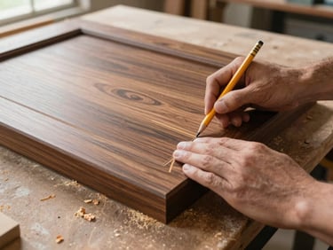 Hands measuring and marking a large walnut door panel on a workshop bench, a pencil line drawn along a straight edge, natural cross-light from a high window illuminating the grain and sawdust detail