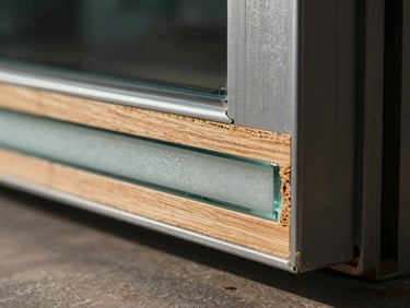 Cross-section detail of a composite door edge under raking cross-light — steel frame, hardwood veneer strip, and frosted glass insert visible in one tight horizontal band