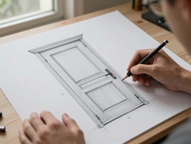 Hands holding a scaled pencil drawing of a bespoke entry door on a drafting table, grain direction annotations visible in pencil, natural window light from the left side