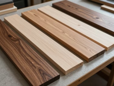 Wide flat-lay of three solid wood door samples on a workbench under north-light — walnut, white oak, and Douglas fir planks showing grain contrast and raw edge detail