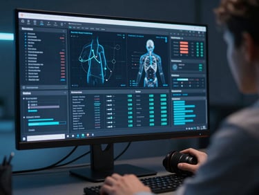 Sleek dark-mode technology photography showing a close-up of a software developer analyzing complex medical data visualizations on a dark monitor with cool blue backlight, sharp focus, 35mm lens.