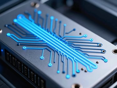 Macro close-up of server mainframe circuitry with glowing neon blue data paths, cool silver backlighting, shallow depth of field, 35mm lens