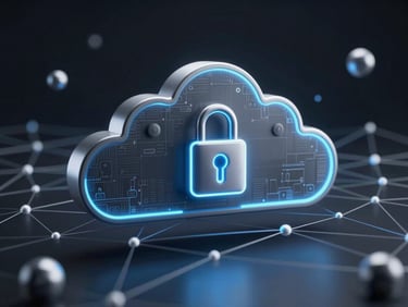 Sleek dark-mode technology photography of an abstract digital network overlay representing secure cloud transactions, cool blue and silver studio lighting, sharp focus, 35mm lens.