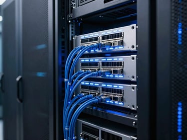 High-tech server environment with glowing blue and silver backlights, networking cables, clean futuristic server racks, sharp focus