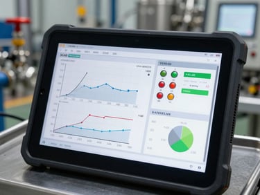 Close-up screenshot of a modern SCADA factory control interface running on a rugged tablet, displaying real-time telemetry graphs, active valve indicators, and clean system diagnostics, industrial background.