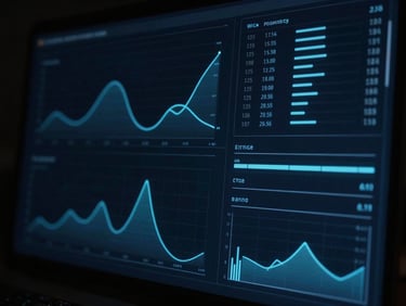 Abstract digital interface displaying analytics graphs and data visualization, glowing blue lines on a dark screen, tech-minimalist aesthetic