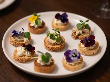 Overhead close-up of elegant canapés arranged on a white ceramic tray, microgreens and edible flowers as garnish, warm diffused studio light casting soft shadows