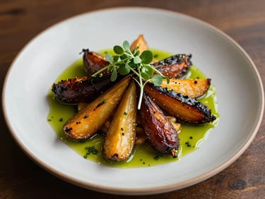 Close overhead of a seasonal plated dish — roasted root vegetables with a bright herb oil and microgreen crown on a wide-rim plate, autumn tones, warm diffused light